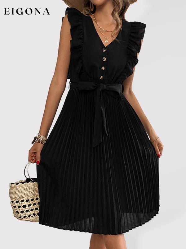 Women's Solid Color Ruffle Summer Pleated Sleeveless Dress Black clothes