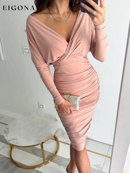 Women's Solid Color Ruched Faux Wrap Dress Pink clothes dress dresses midi dresses