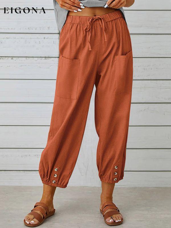 Loose high-waisted button-down cotton and linen cropped trousers wide-leg women's trousers Brick red clothes