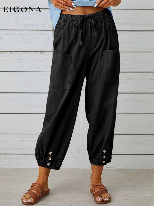 Loose high-waisted button-down cotton and linen cropped trousers wide-leg women's trousers Black clothes