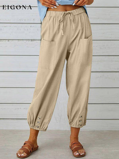 Loose high-waisted button-down cotton and linen cropped trousers wide-leg women's trousers Khaki clothes