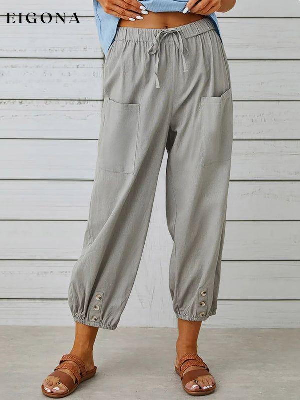 Loose high-waisted button-down cotton and linen cropped trousers wide-leg women's trousers Misty grey clothes