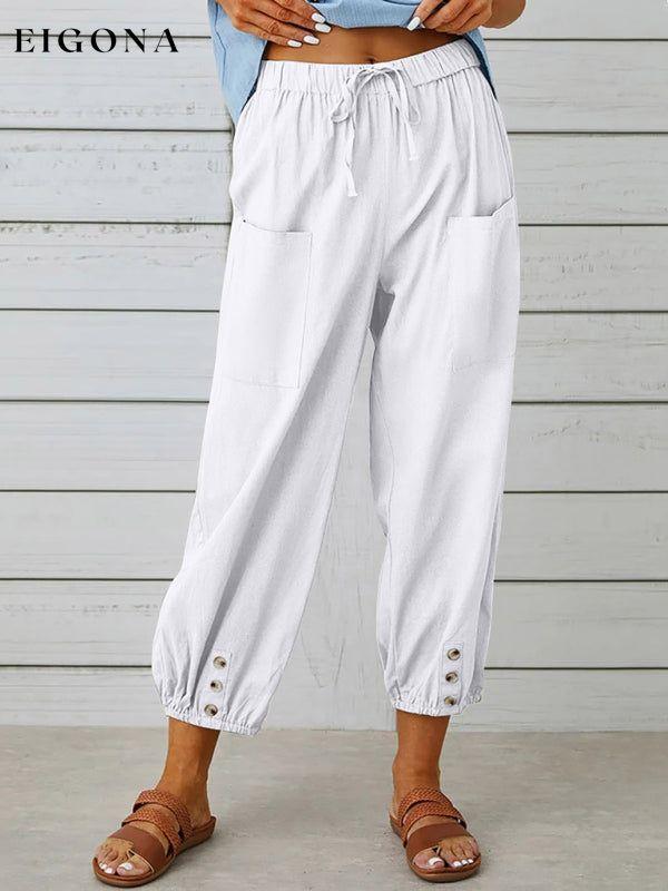 Loose high-waisted button-down cotton and linen cropped trousers wide-leg women's trousers White clothes