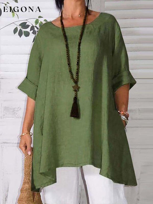 Women's Round Neck Asymmetric Hem Solid Short Sleeve Shirt Green clothes