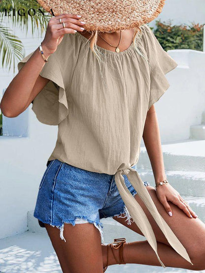 Women's Solid Color Tie Waist Off The Should Blouse clothes shirt shirts short sleeve short sleeve shirt top tops Tops/Blouses