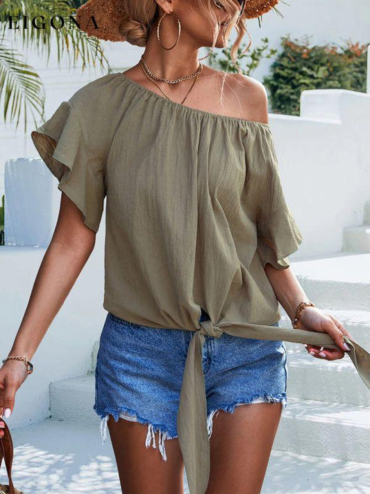 Women's Solid Color Tie Waist Off The Should Blouse Green clothes shirt shirts short sleeve short sleeve shirt top tops Tops/Blouses