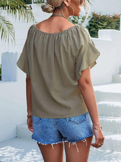 Women's Solid Color Tie Waist Off The Should Blouse clothes shirt shirts short sleeve short sleeve shirt top tops Tops/Blouses