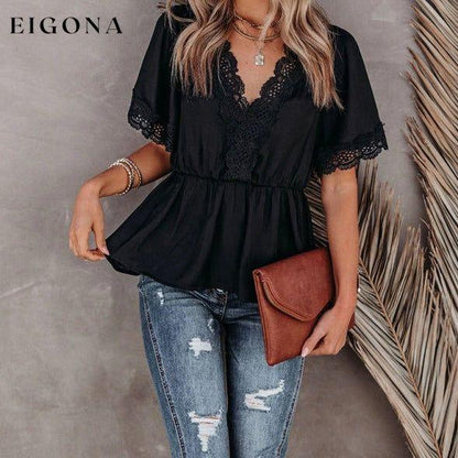 Women's Lace Panel Solid Color Short Sleeve Top clothes shirts short sleeve short sleeve shirt short sleeve top top tops