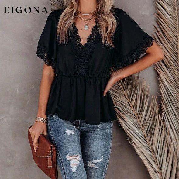 Women's Lace Panel Solid Color Short Sleeve Top Black clothes shirts short sleeve short sleeve shirt short sleeve top top tops