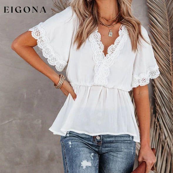 Women's Lace Panel Solid Color Short Sleeve Top clothes shirts short sleeve short sleeve shirt short sleeve top top tops