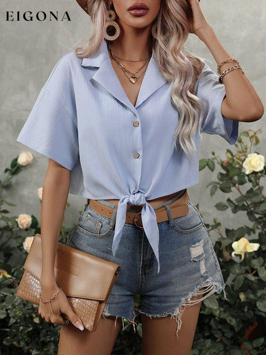 Women's Solid Color Tie Front Short Sleeve Button Down Crop Shirt Fuchsia S clothes crop top crop tops croptop shirt shirts short sleeve short sleeve shirt top tops