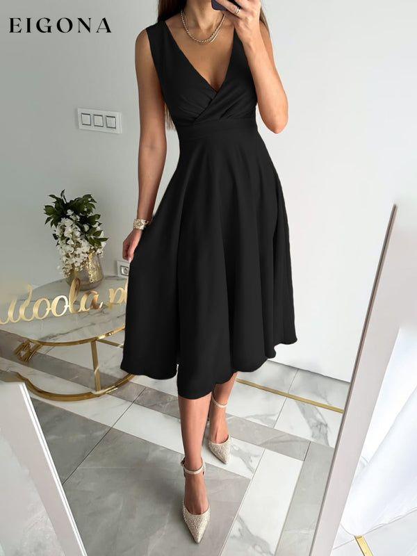 Women's Elegant Solid Color V-Neck Gathered Swing Dress Black clothes dress dresses