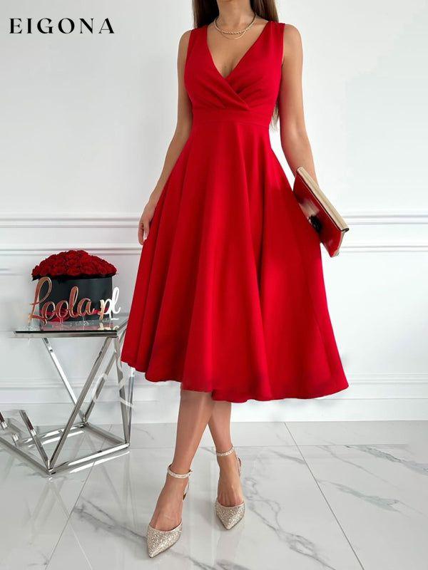 Women's Elegant Solid Color V-Neck Gathered Swing Dress clothes dress dresses