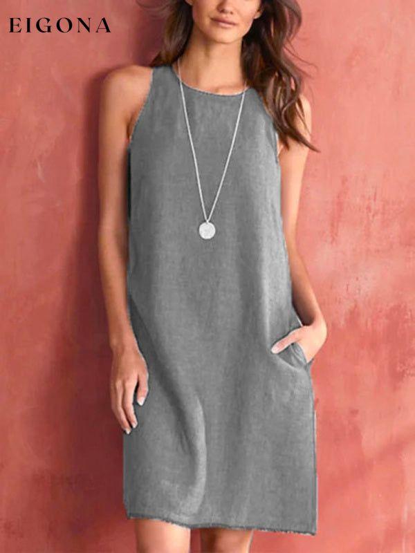 Women's Woven Casual Cotton Linen Comfortable Round Neck Sleeveless Dress Grey Clothes dresses short dresses