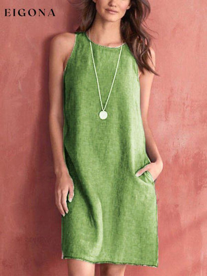 Women's Woven Casual Cotton Linen Comfortable Round Neck Sleeveless Dress Green Clothes dresses short dresses