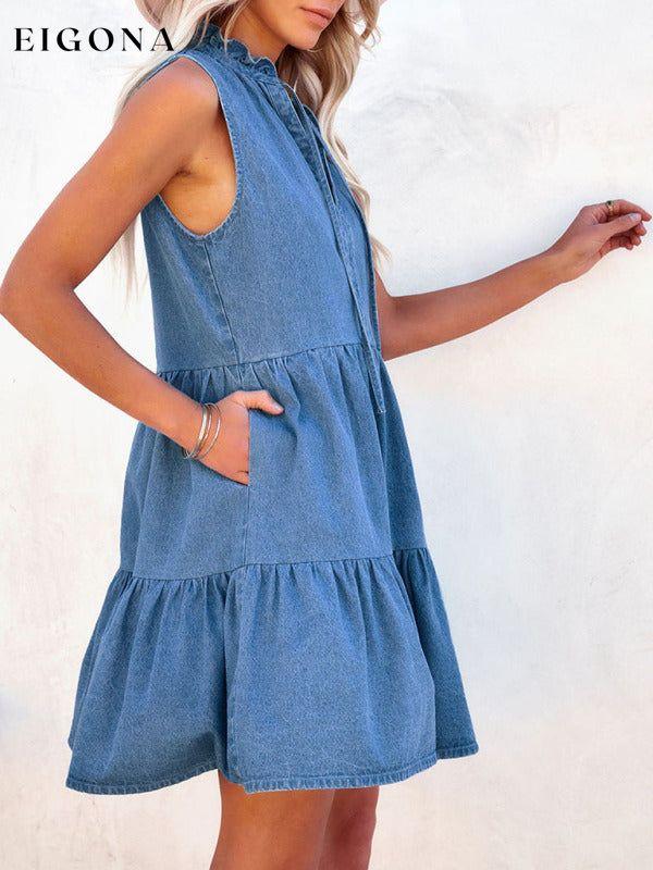 Women's loose V-neck A-line strappy sleeveless denim dress Clothes