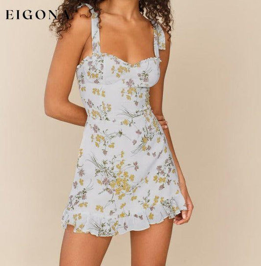 Fresh Floral print slim-fit Short Tie Dress Cream Clothes dresses short dresses