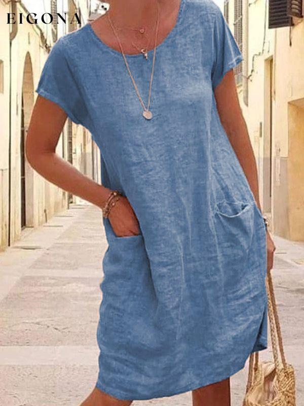 New Loose Solid Color Pocket Short Sleeve Round Neck Cotton Linen Dress Clear blue Clothes