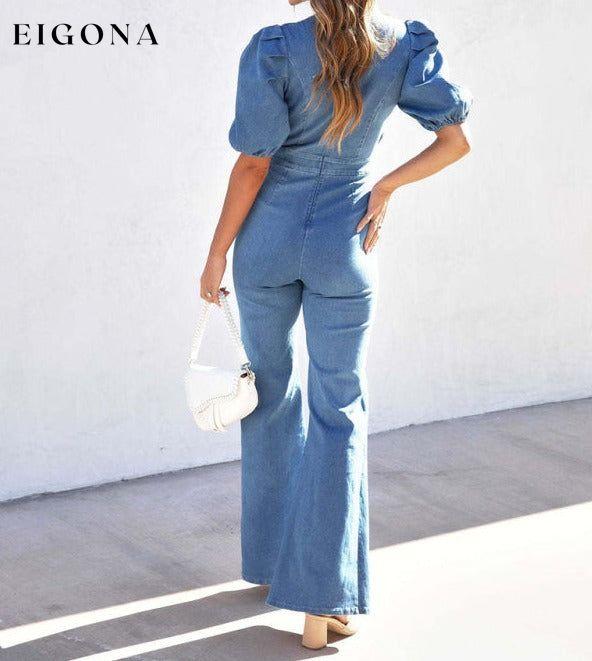 Women's Denim Slim Puff Sleeve Crossover Waist Jumpsuit Clothes denim Jumper Jumpsuit Rompers