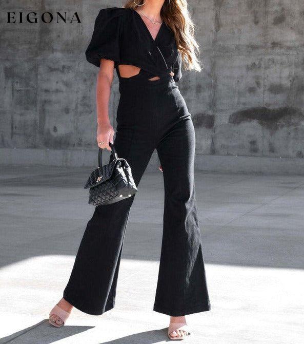 Women's Denim Slim Puff Sleeve Crossover Waist Jumpsuit Clothes denim Jumper Jumpsuit Rompers