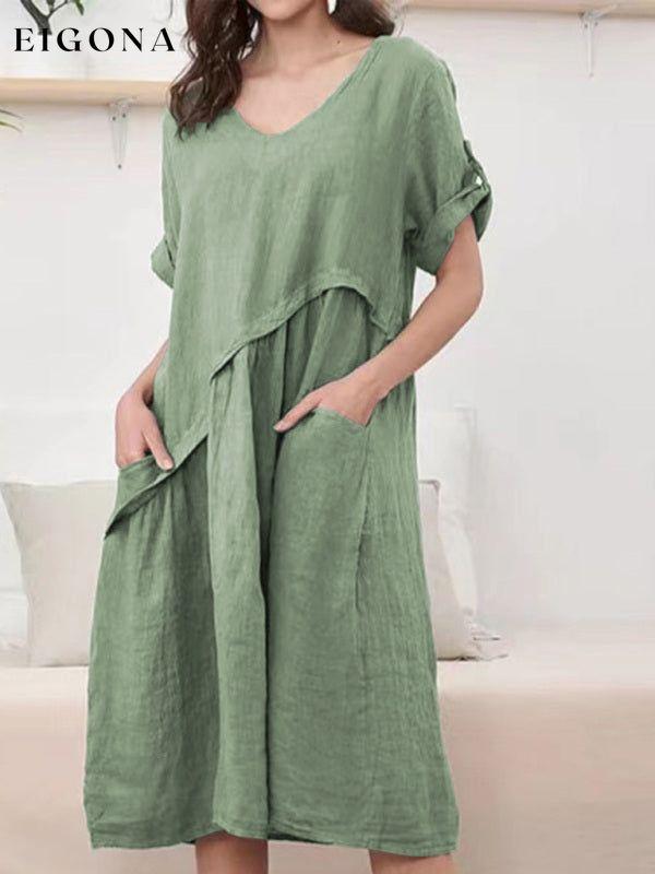 Women's Woven Linen V-Neck Design Sense Short Sleeve Dress Green Clothes dress dresses dressss