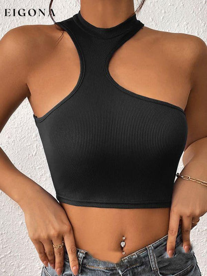 Women's Knitted Round Neck Cropped Asymmetrical Crop Tank Top Black clothes crop top croptop shirt shirts top tops