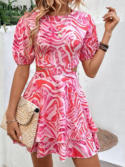 Women's Woven Round Neck Hollow Backless Ties Abstract Print Dress Clothes