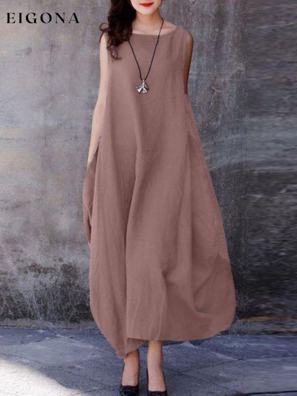 Loose Swing Casual Solid Color Round Neck Pockets dress Brown Clothes dresses maxi dress