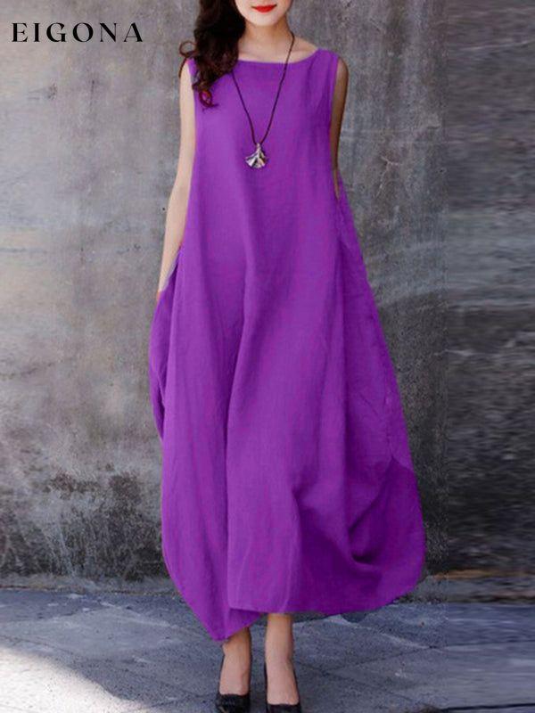 Loose Swing Casual Solid Color Round Neck Pockets dress Purple Clothes dresses maxi dress