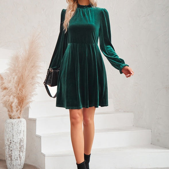 Turtleneck velvet solid color waist dress