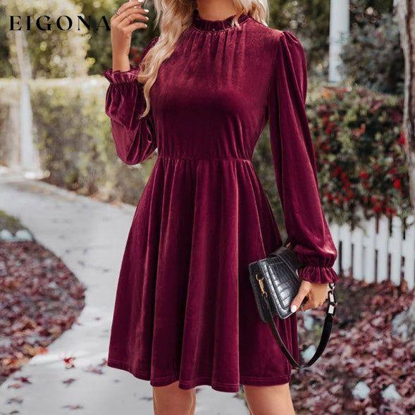 Turtleneck velvet solid color waist dress Wine Red casual dress casual dresses clothes dress dresses long sleeve dresses short dresses