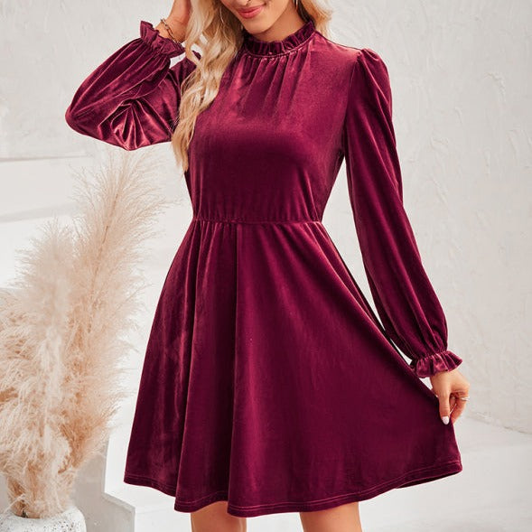 Turtleneck velvet solid color waist dress