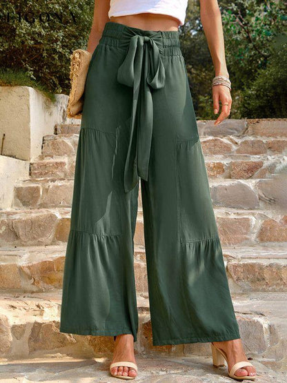 New summer loose casual wide-leg solid color trousers Green clothes