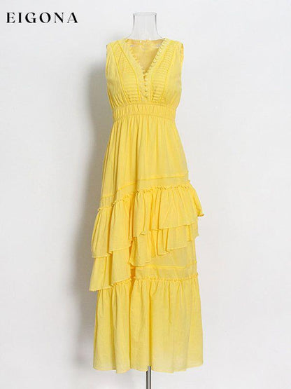 Pleated suspender holiday mille-layer dress Yellow clothes dresses maxi dress