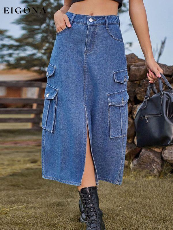 Elastic Waist Denim Cargo Casual Midi Skirt Clothes