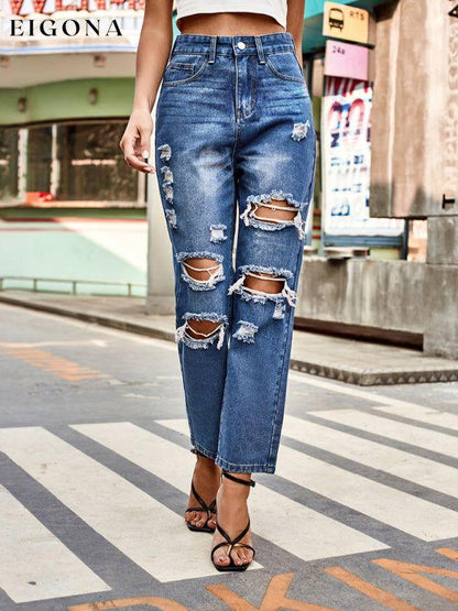 All-match washed ripped straight-leg denim cropped pants Clothes