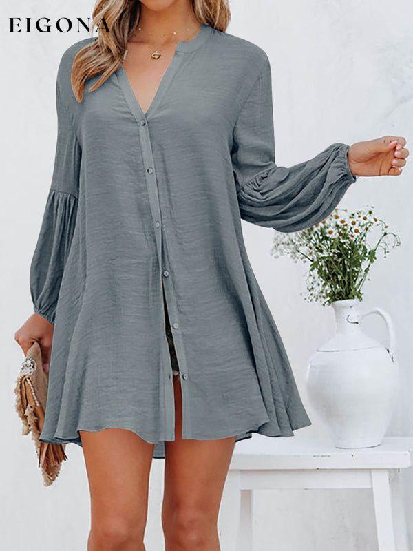 Stitching Casual Loose Cardigan Button Puff Sleeve Dress Grey clothes