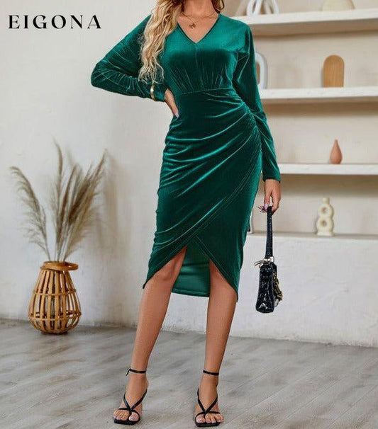 Women's V-neck solid color waisted velvet dress Green black jasper clothes dress dresses midi dress midi dresses