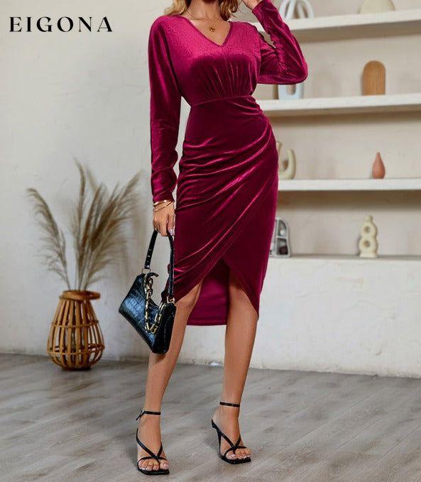 Women's V-neck solid color waisted velvet dress Wine Red clothes dress dresses midi dress midi dresses