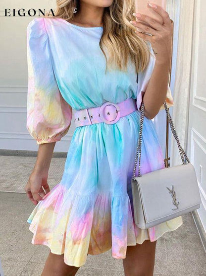 Tie Dye Dress, Fashion Holiday Style Ruffle Waist Slim Printed Pastel Dress Photo Color clothes dresses short dresses