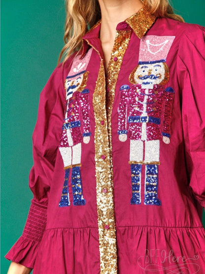 Contrast color long sleeve lapel Christmas sequin dress clothes