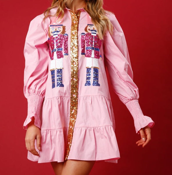 Contrast color long sleeve lapel Christmas sequin dress Pink clothes