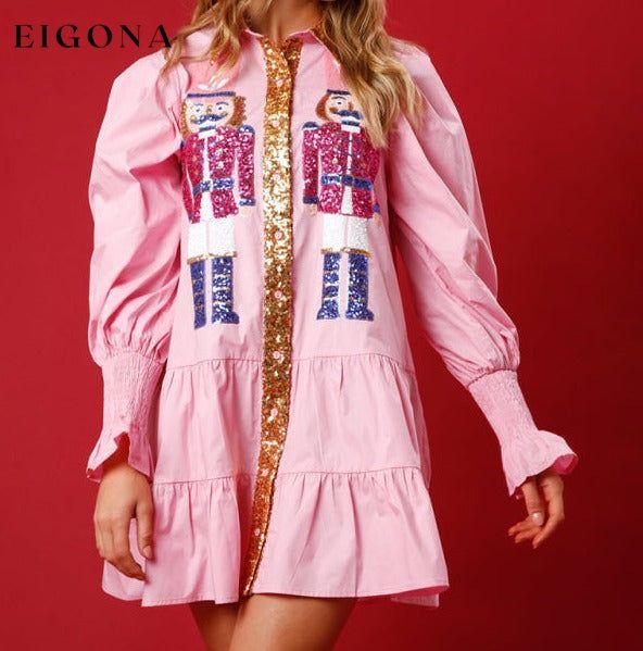 Contrast color long sleeve lapel Christmas sequin dress Pink clothes