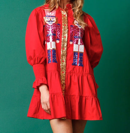 Contrast color long sleeve lapel Christmas sequin dress Red clothes