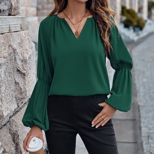 V-neck loose casual autumn and winter women's tops Green clothes long sleeve shirt long sleeve shirts long sleeve tops shirts tops Tops/Blouses