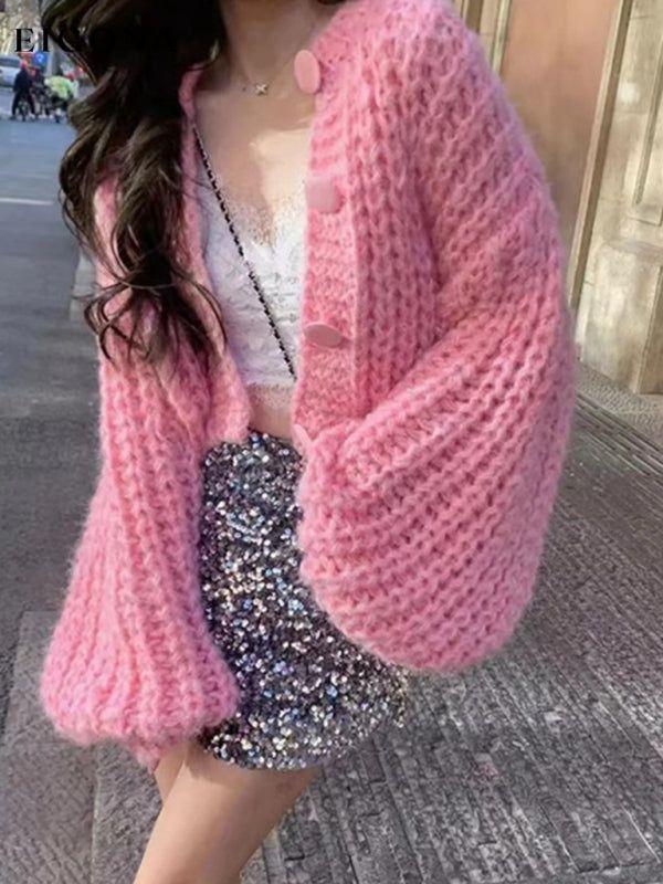 women's long sleeve sweater buttoned cardigan jacket Pink F cardigan Clothes kakaclo Sweater sweaters