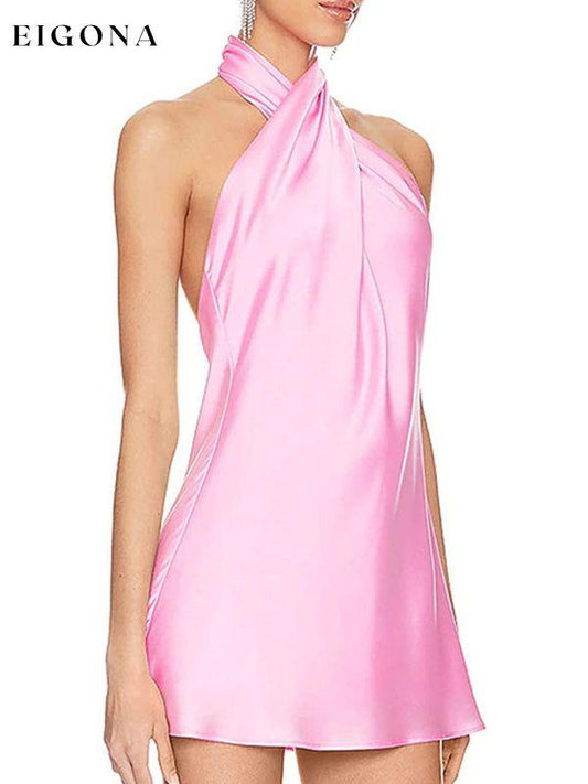 Slim fit crossover sleeveless backless halterneck dress Pink clothes dress dresses halter dress short dresses sleeveless dress