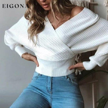 Women's Sweater Top, waisted off-shoulder long sleeve knitwear sweater White clothes long sleeve top shirt shirts sweaters top tops