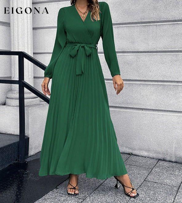 V-neck long-sleeved pleated A-line midi dress Green clothes dresses long dress long sleeve dresses maxi dress