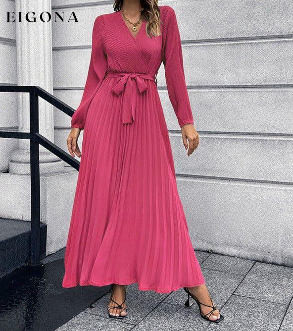 V-neck long-sleeved pleated A-line midi dress Rose clothes dresses long dress long sleeve dresses maxi dress